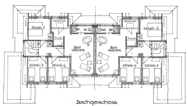 Grundriss Dachgeschoss: Schlafzimmer 2, 3 und 4, Tepidarium, Dusche, WC und das Wellnessbad. Die Zeichnung zeigt das Gebaeude mit beiden spiegelgleichen Haushaelften.